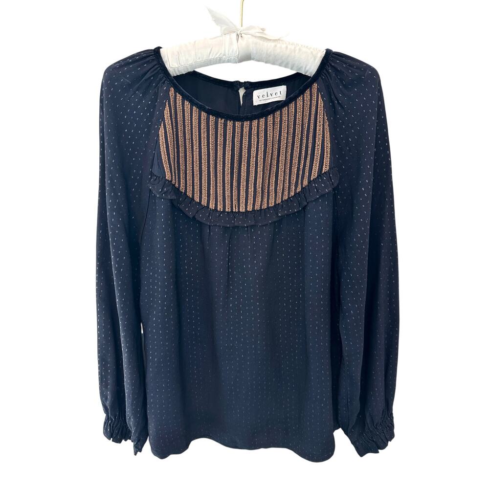 VELVET by GRAHAM & SPENCER | Navy Dot Blouse Smocked Yoke Top | Medium